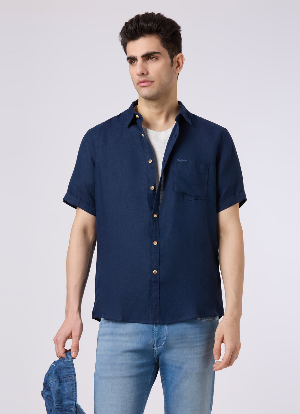 Men Blue Short Sleeve Linen Shirt, , large image number 0