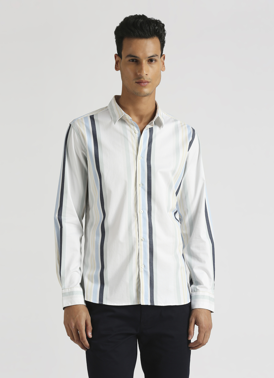 White Yarn Dyed Stripes Premium Stretch Long Sleeve Shirt, , large image number 1