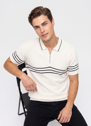 Men White Striped Flat Knit Polo Collar T-shirt