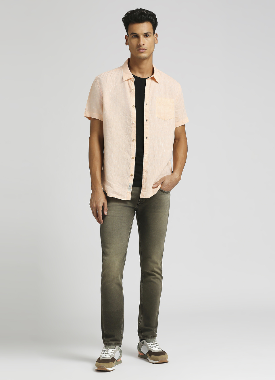 Peach Solid Single Pocket Chambray Linen Short Sleeve Shirt, , large image number 5