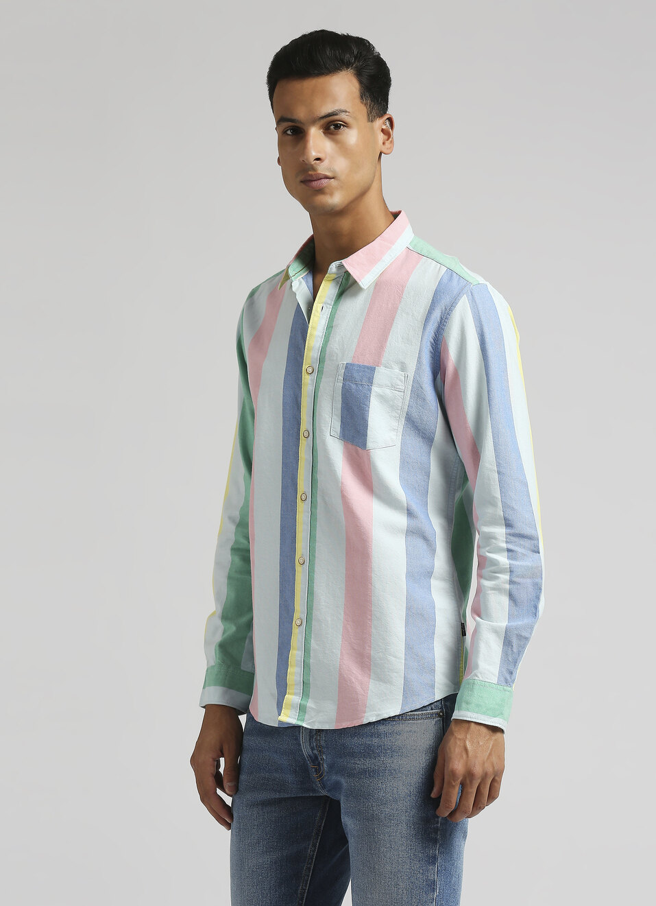 White Broad Stripes Yarn Dyed Long Sleeve Shirt, , large image number 3