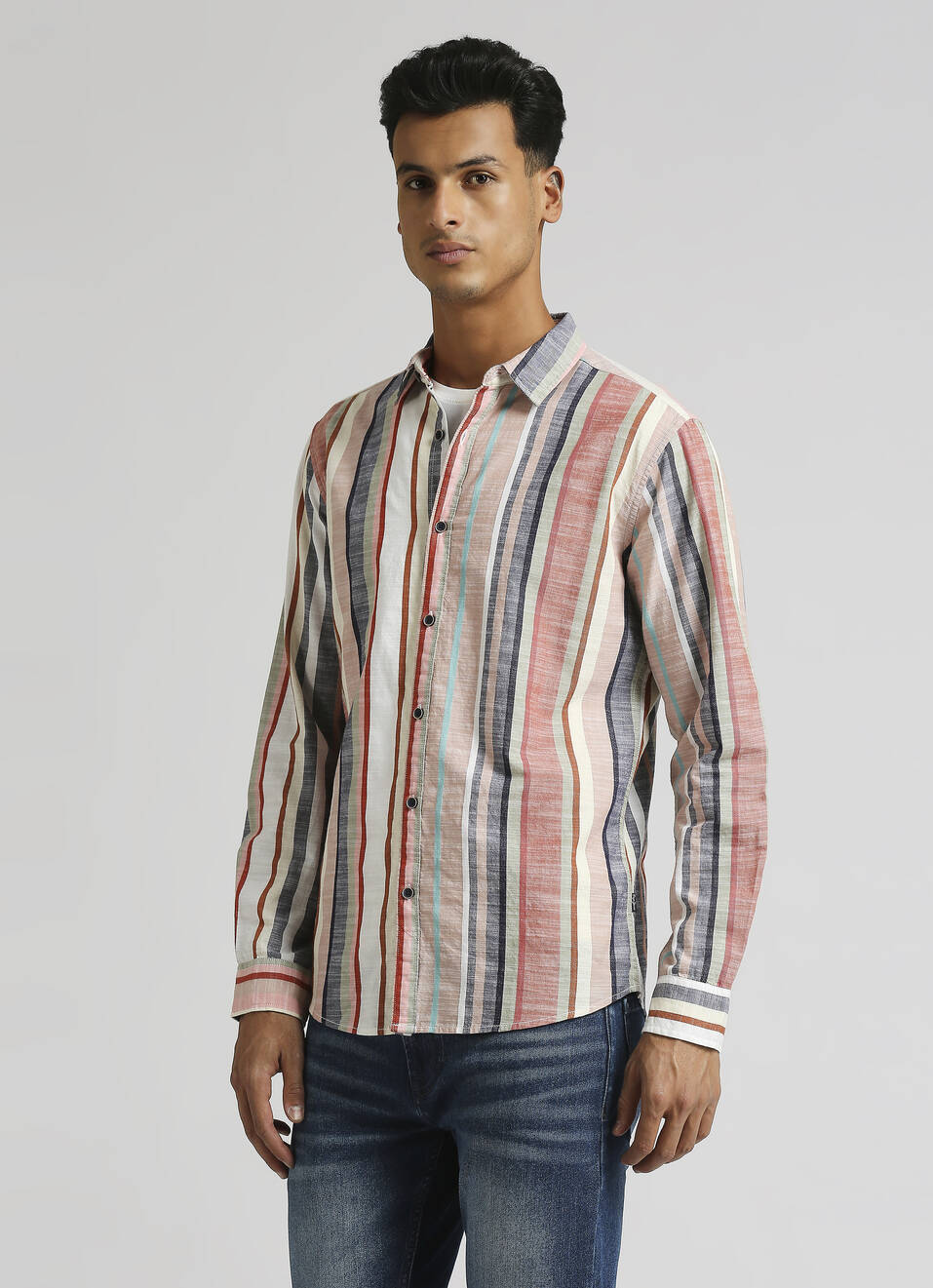 Peach Yarn Dyed Dobby Stripes Long Sleeve Shirt, , large image number 3