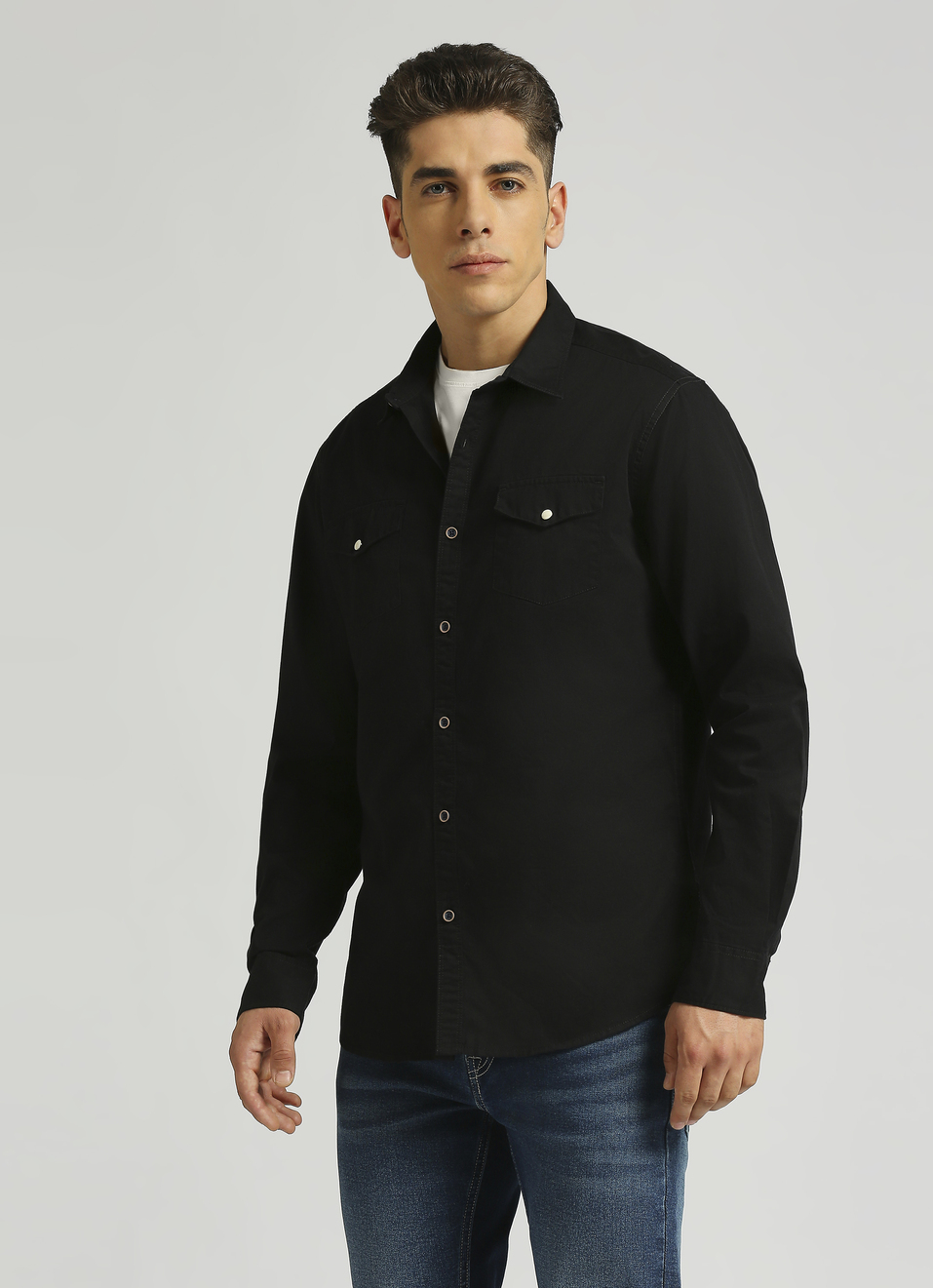 Black Solid Double Pocket Long Sleeve Shirt, , large image number 0