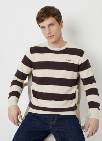 Men Brown Striped Full Sleeve Flat Knit Sweater