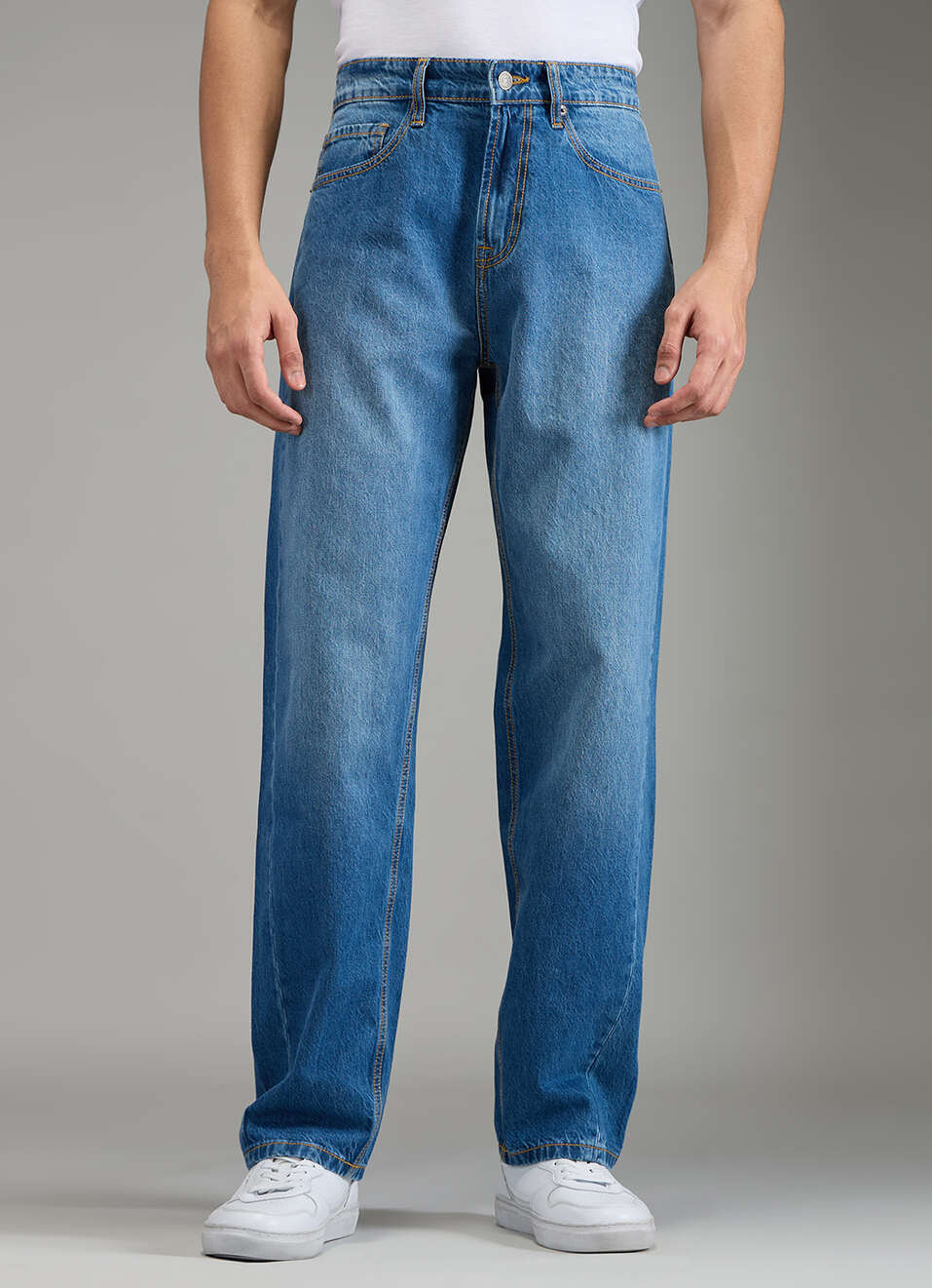 Men Blue Mid Rise Tapered Jeans, , large image number 2
