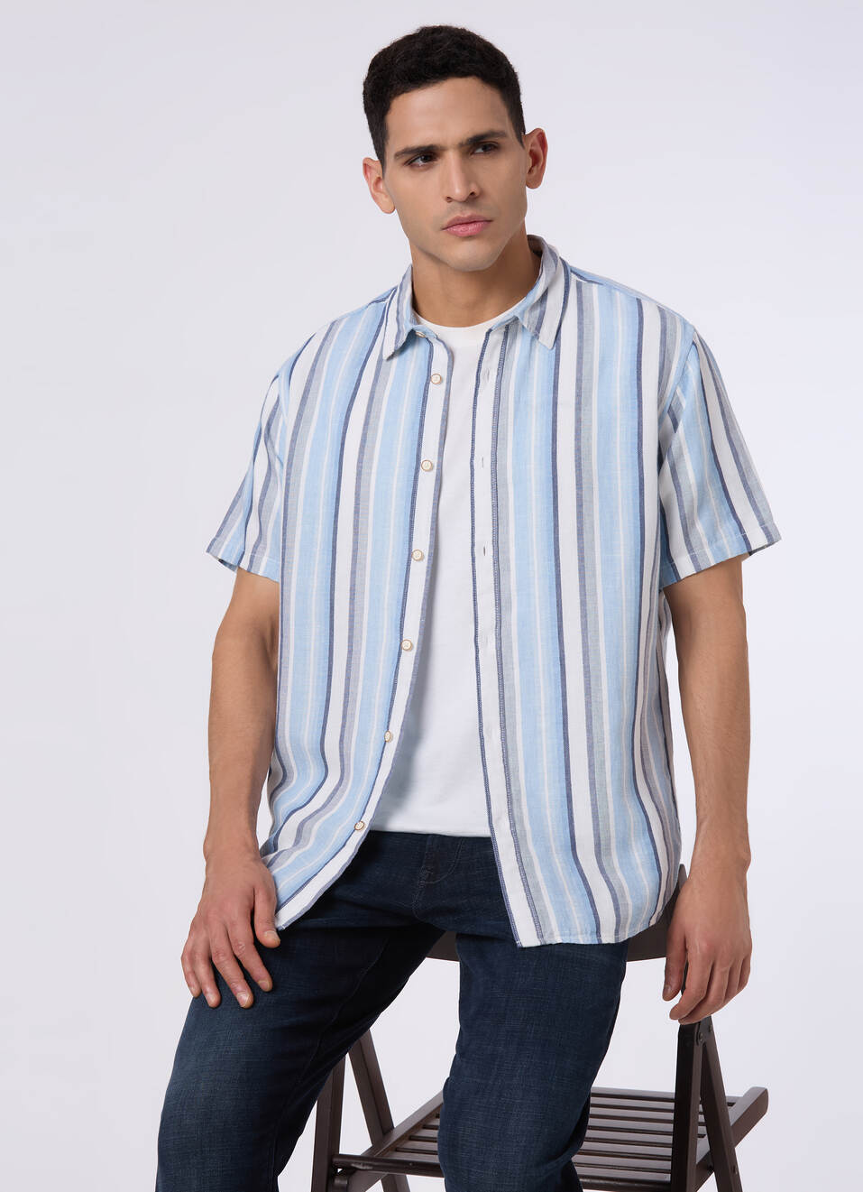 Men Blue Striped Regular Fit Short Sleeve Shirt, , large image number 0