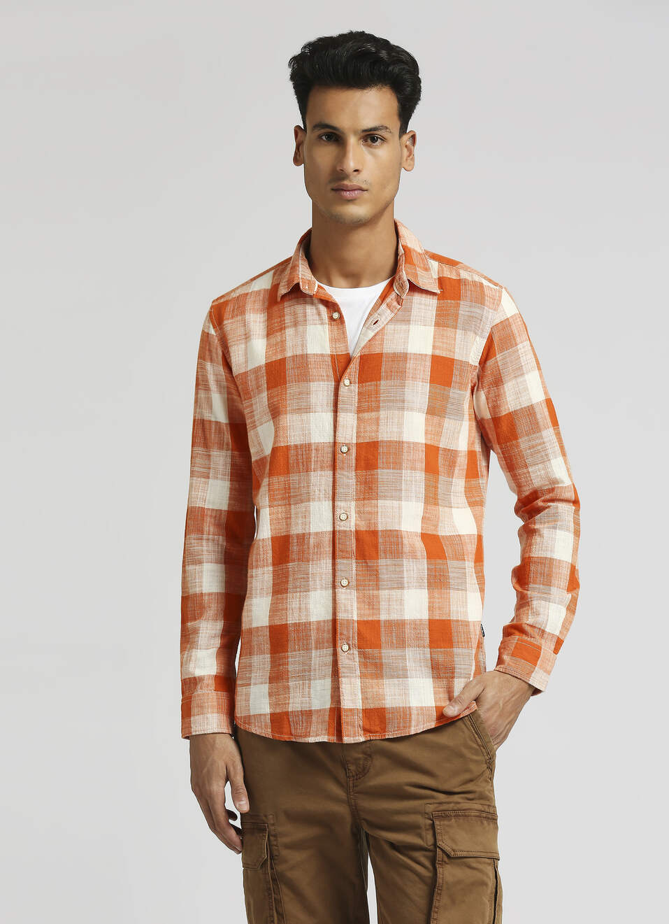 Orange Checks Yarn Dyed Slub Long Sleeve Shirt, , large image number 1