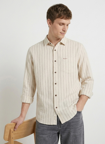 Men Beige Striped Dobby Long Sleeve Shirt