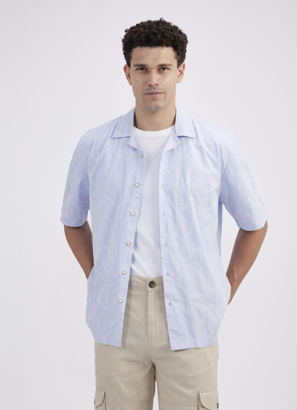Men Sky Blue Resort Collar Short Sleeve Shirt, , large image number 0
