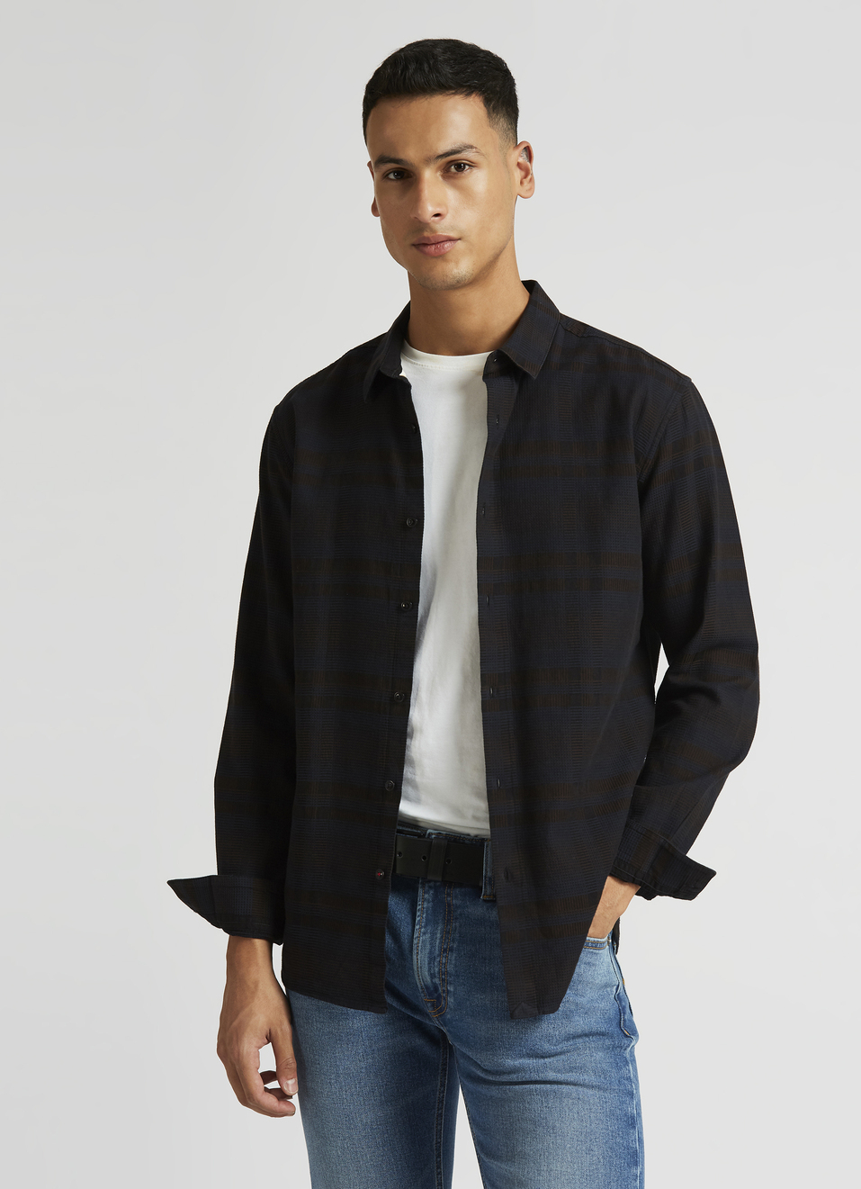 Black Yarn Dyed Checkes Premium Long Sleeve Shirt, , large image number 0