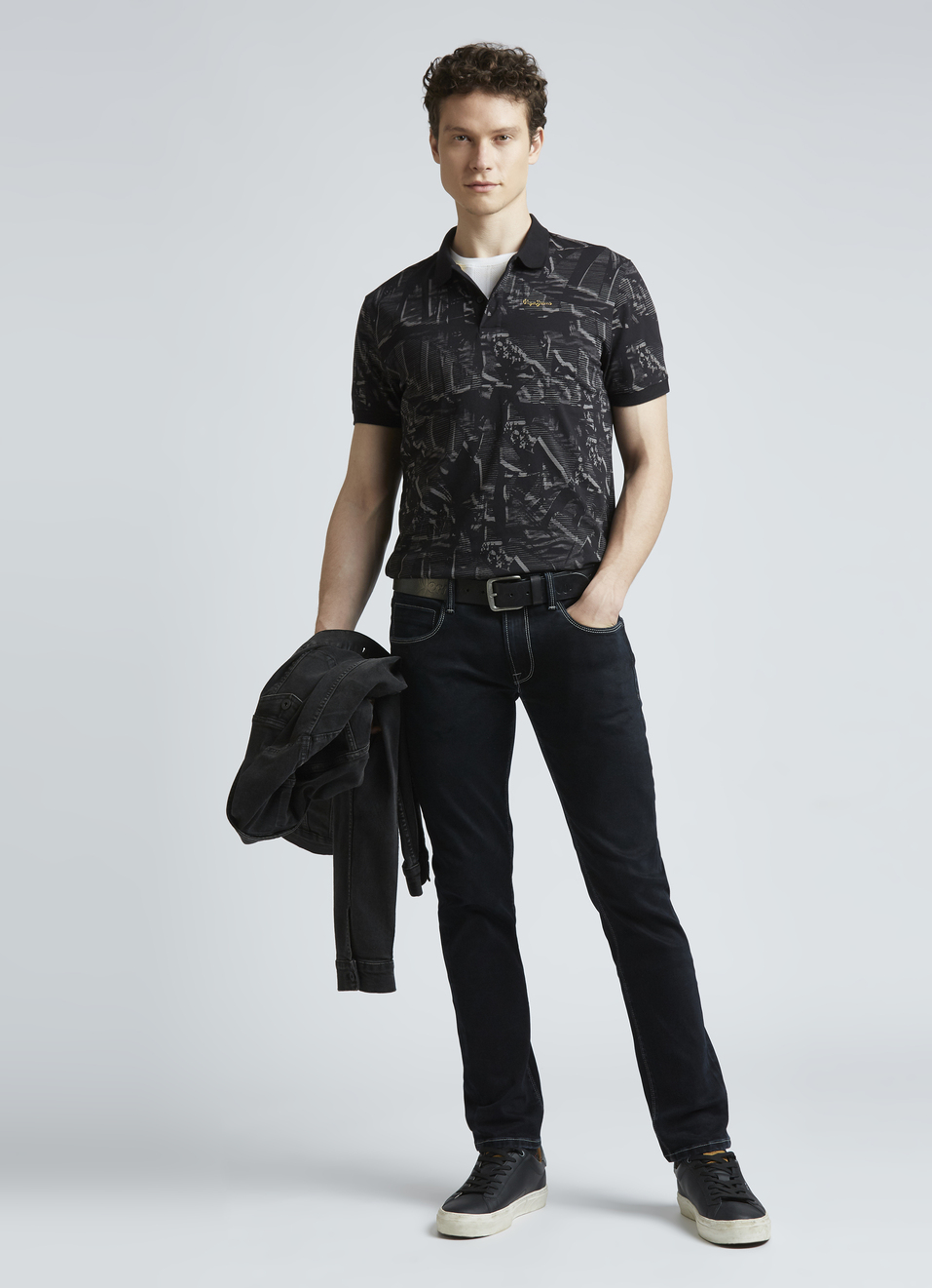 Black Abstract Print Short Sleeve Polo, , large image number 5