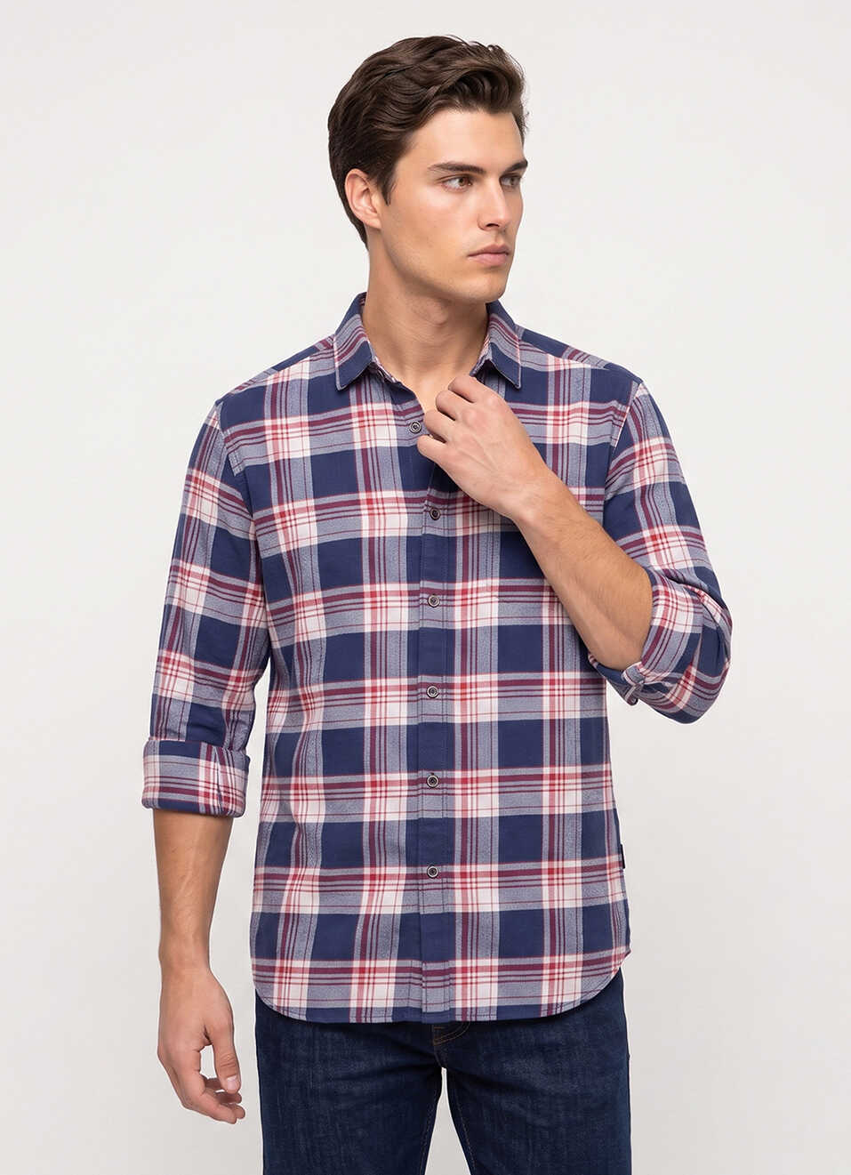 Men Blue Checked Brushed Long Sleeve Shirt, , large image number 1