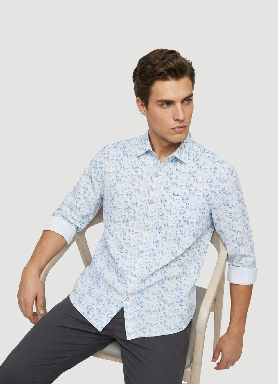 Men Blue Printed Oxford Long Sleeve Shirt, , large image number 0