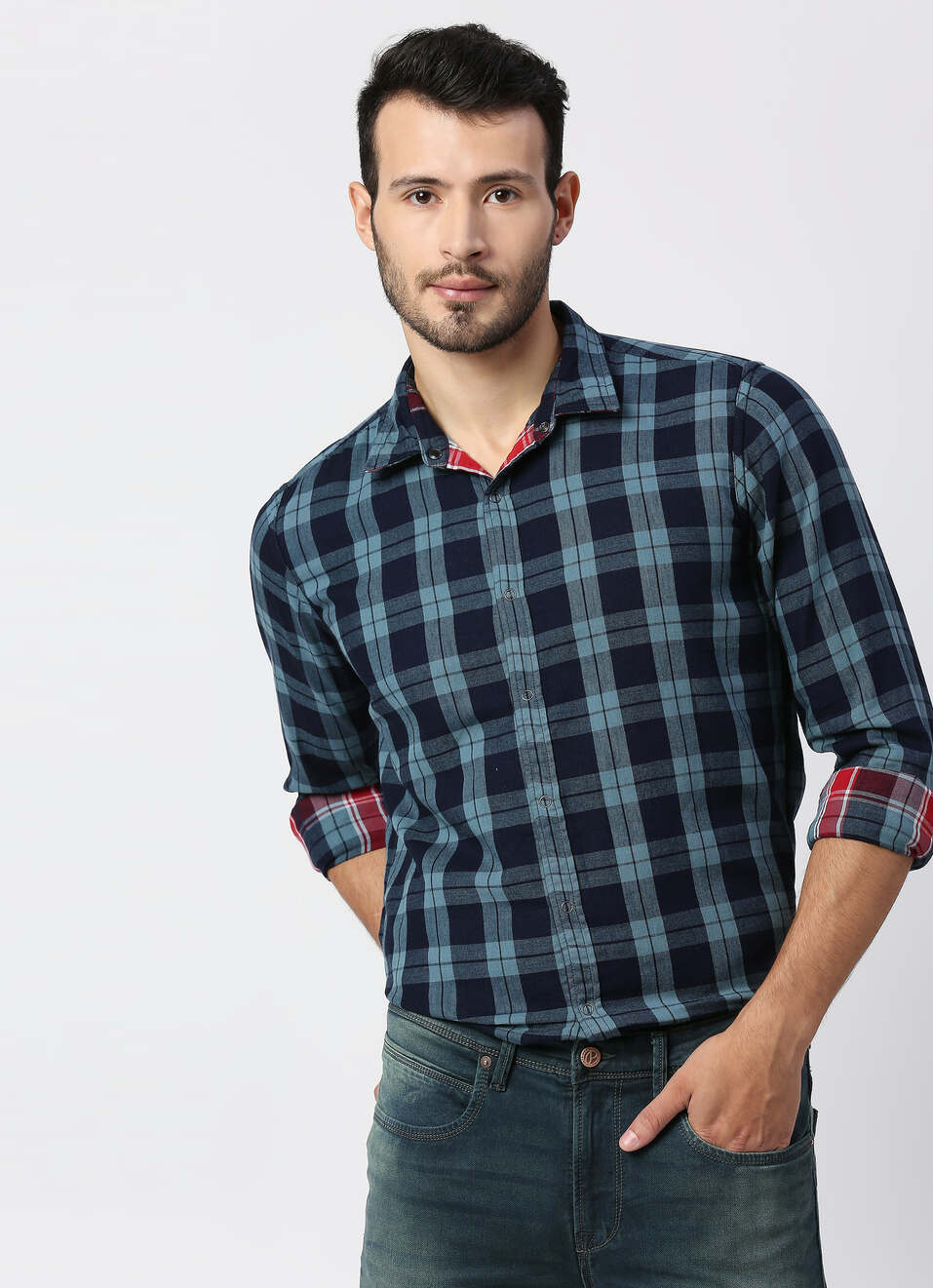 Maxime Reversible Indigo Checks Shirt, , large image number 0