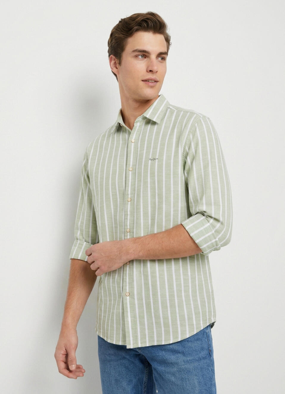 Men Green Striped Regular Fit Shirt, , large image number 1
