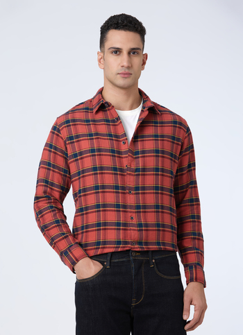 Men Tobacco Brown Check Full Sleeve Shirt