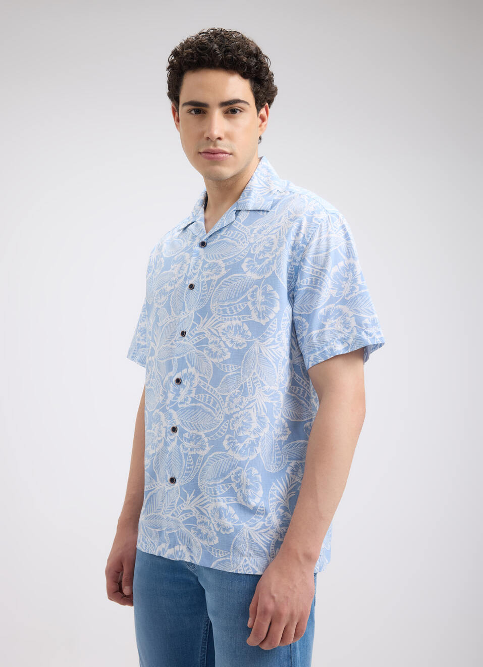 Men Blue Resort Collar Floral Print Short Sleeve Shirt, , large image number 3