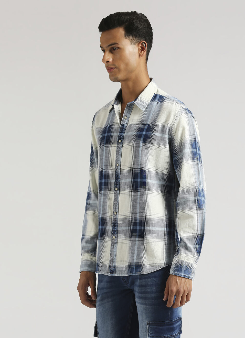 Yarn Dyed Indigo Checks Long Sleeve Shirt, , large image number 3