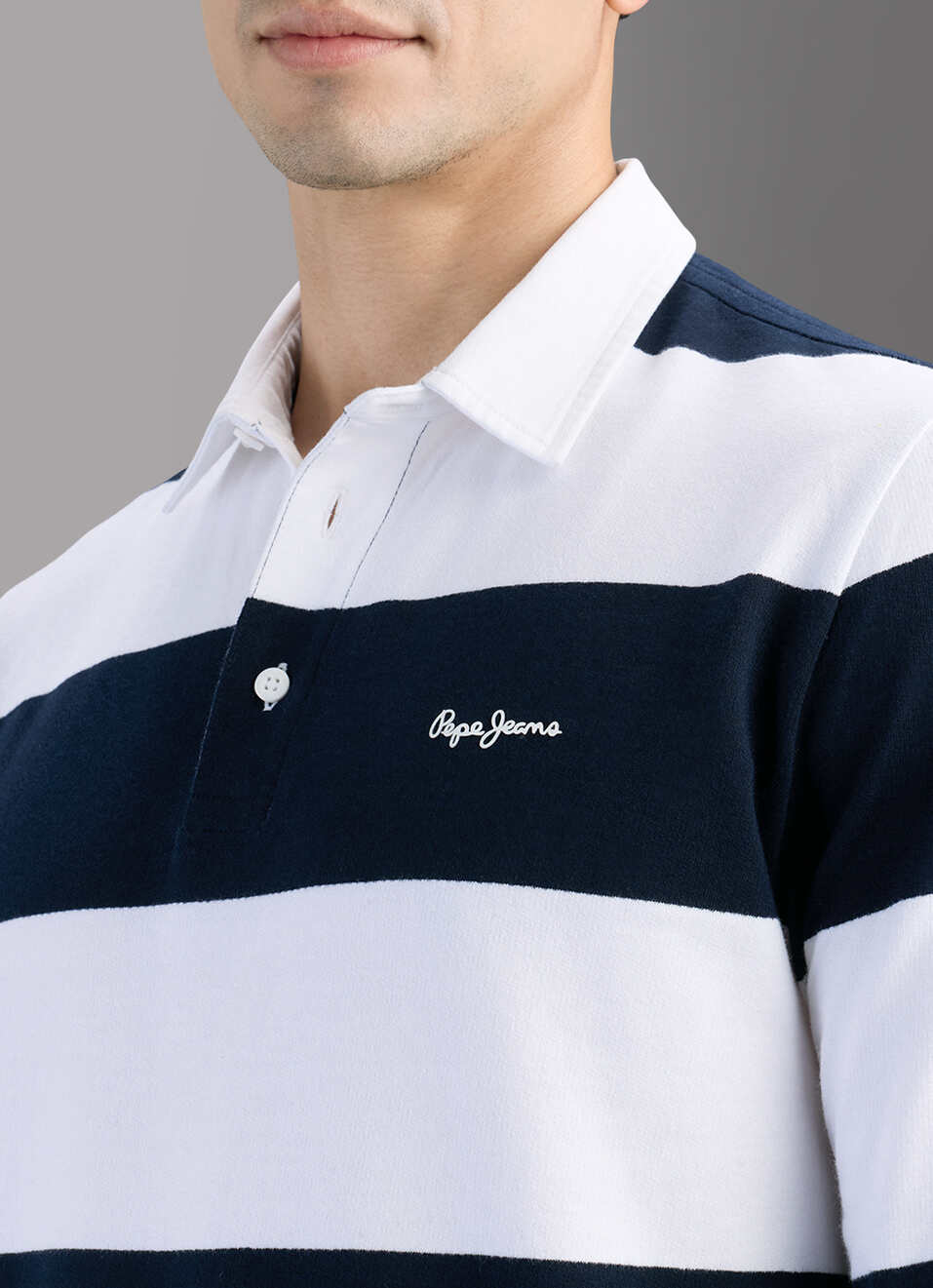 Men Navy Rugby Striped Polo T-shirt, , large image number 1