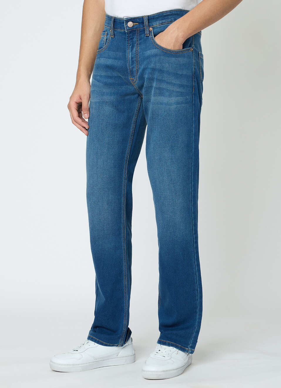 Men Blue Mid Rise Straight Fit Stretchable Jeans, , large image number 1