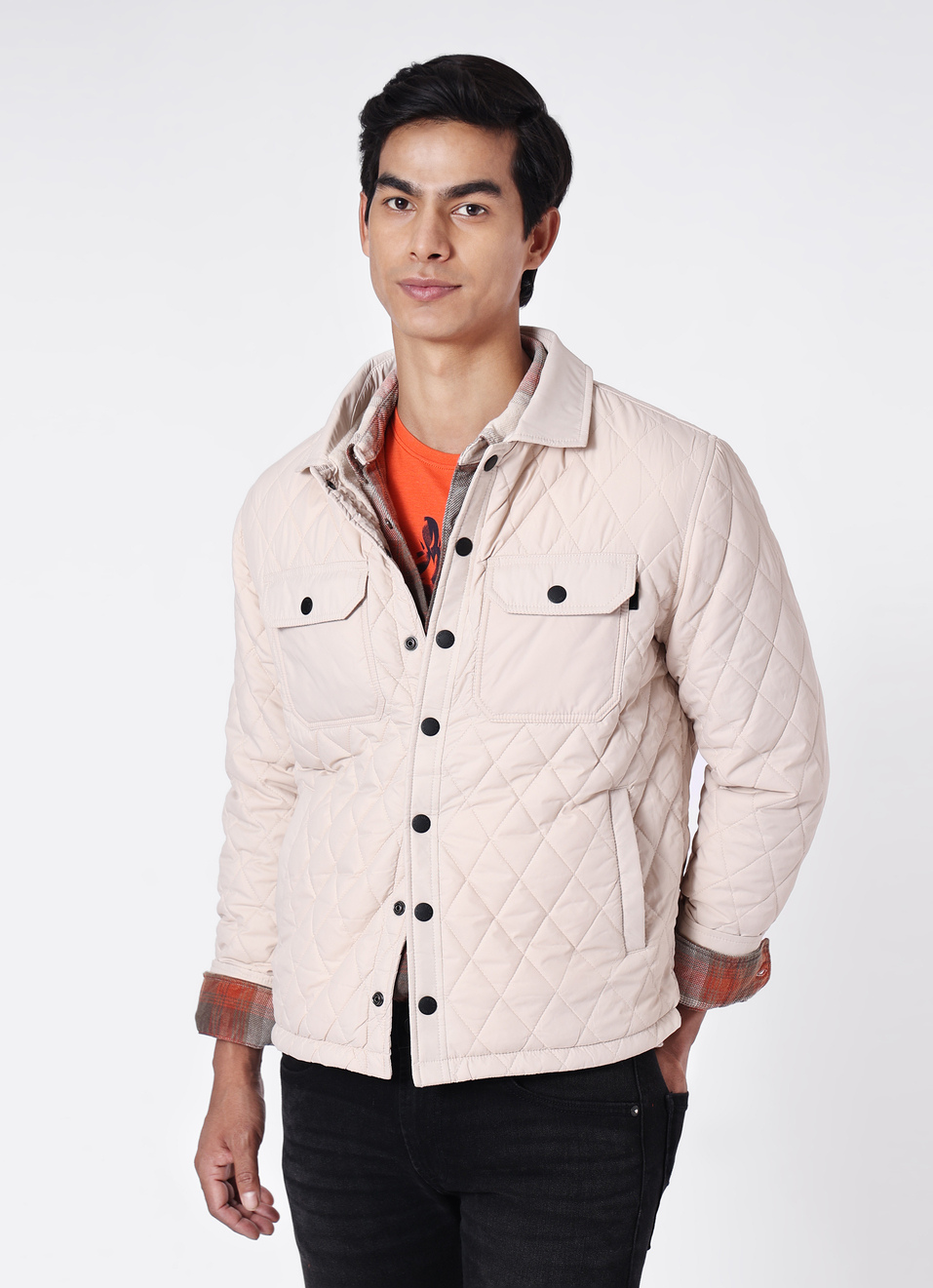 Men Beige Diamond Quilted Jacket, , large image number 0