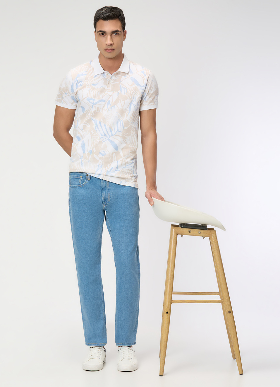 Men White Printed Polo Collar T-shirt, , large image number 5