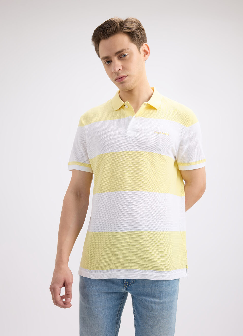 Men Yellow Stripe Short Sleeve Polo, , large image number 1
