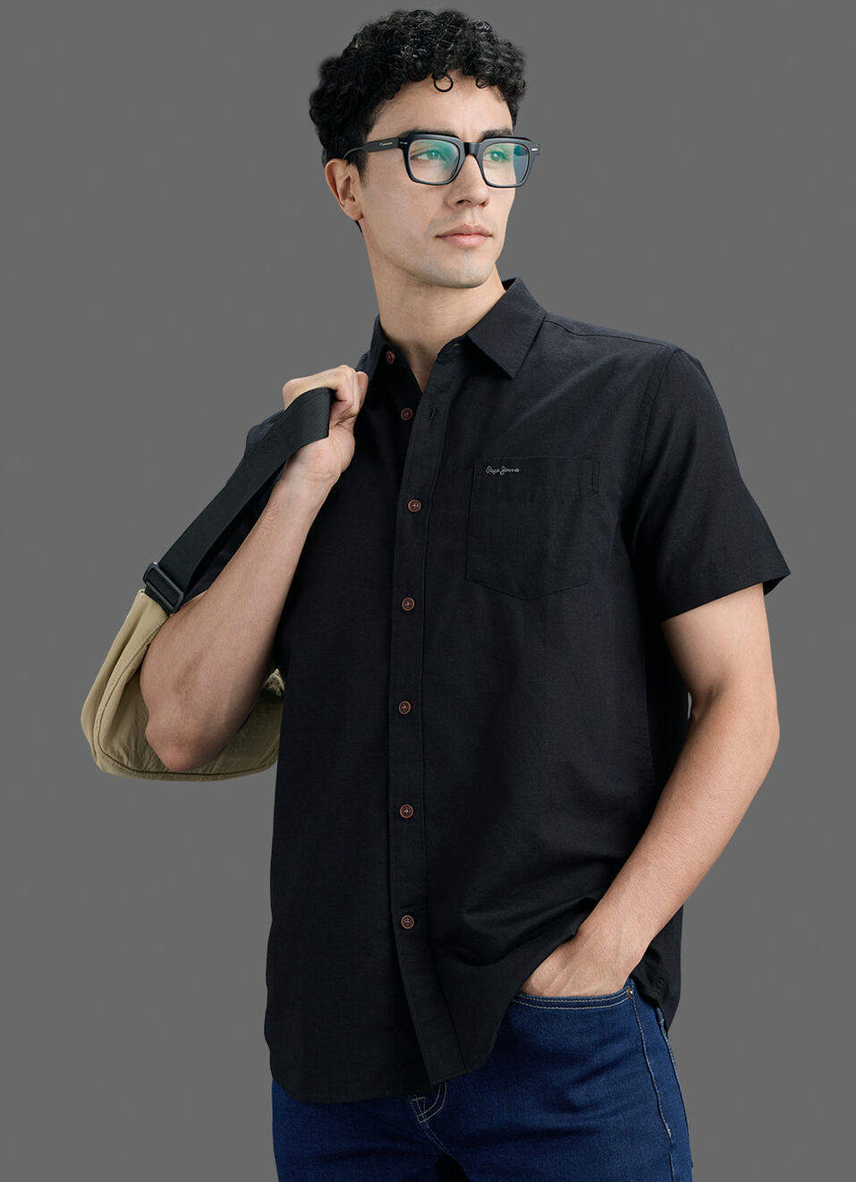 Men Black Solid Cotton Linen Short Sleeve Shirt, , large image number 0