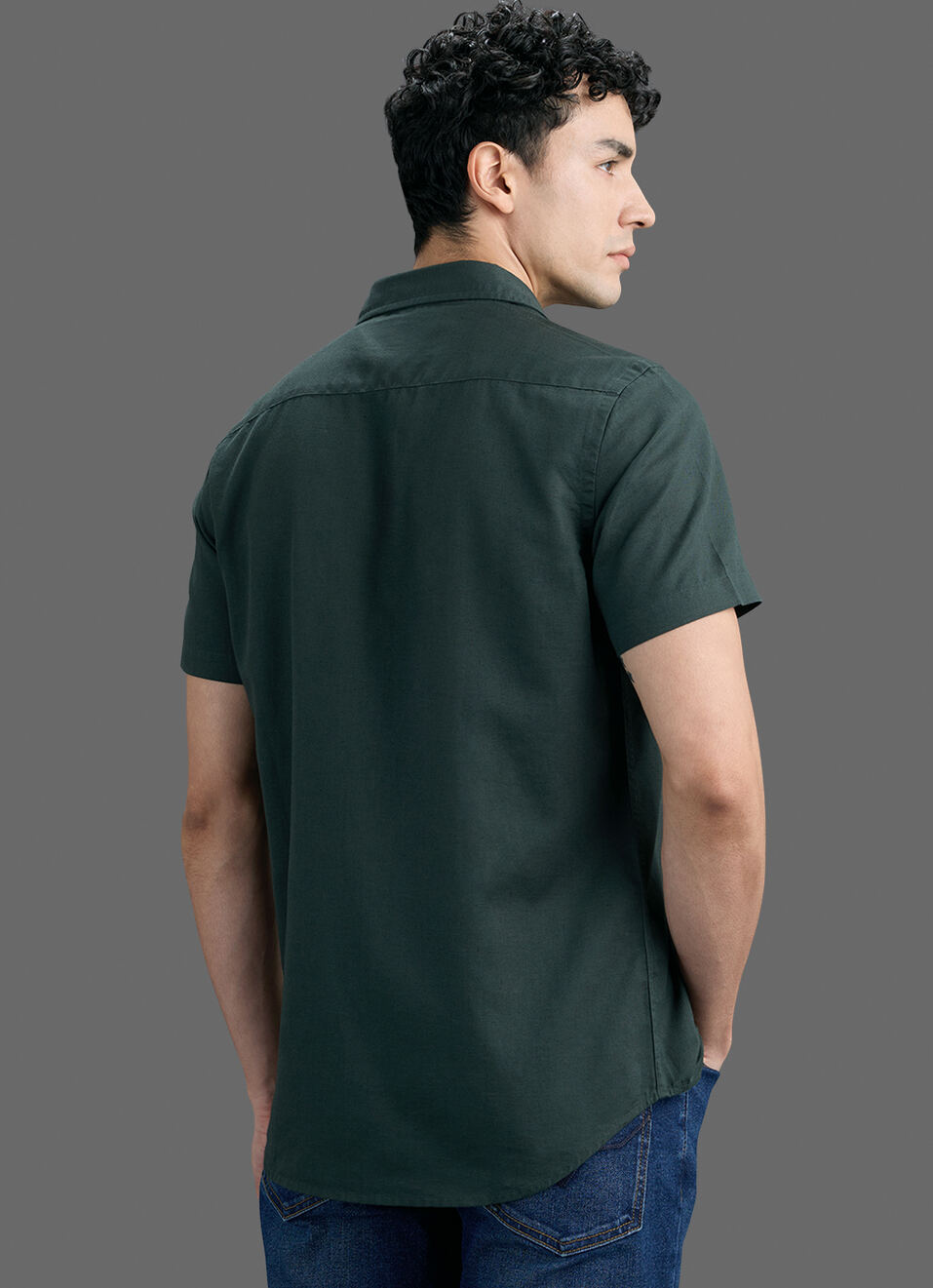 Men Dark Green Solid Cotton Linen Shirt, , large image number 6