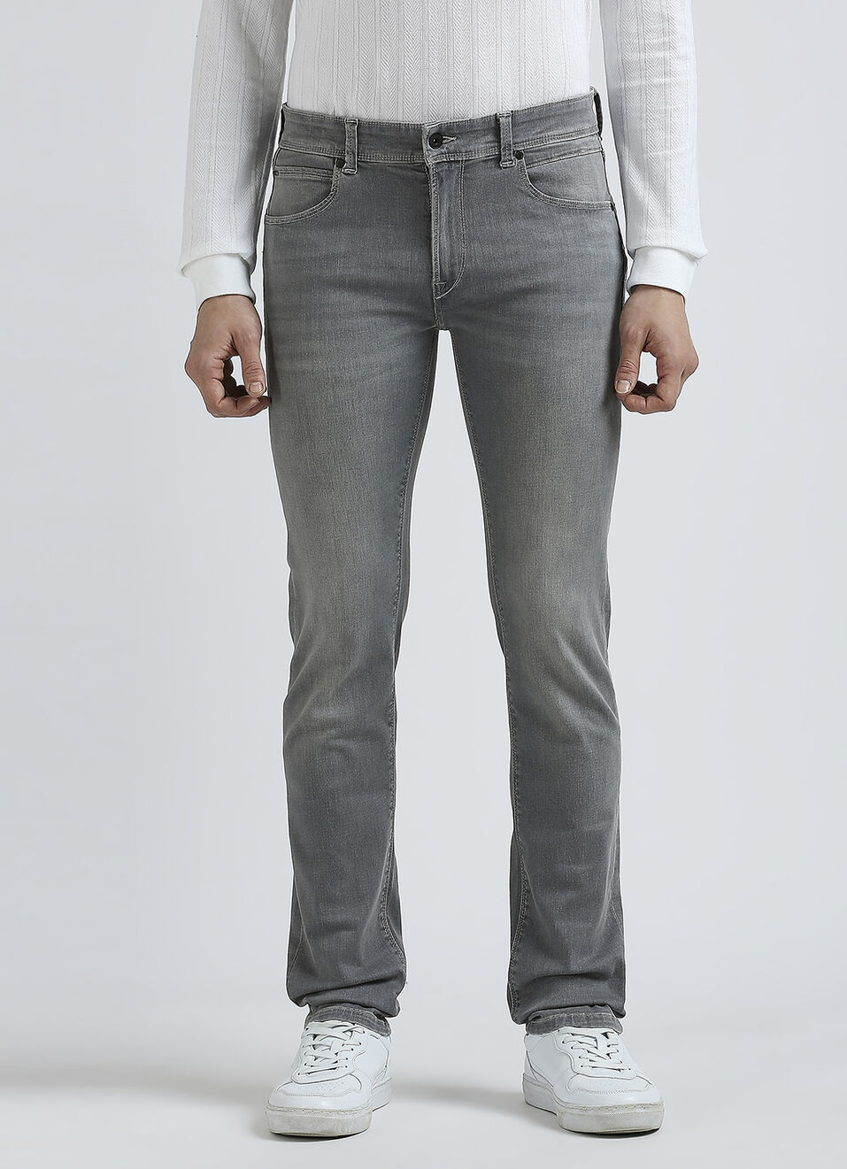 Vapour Grey Mid Rise Slim Powerflex Jeans, , large image number 5