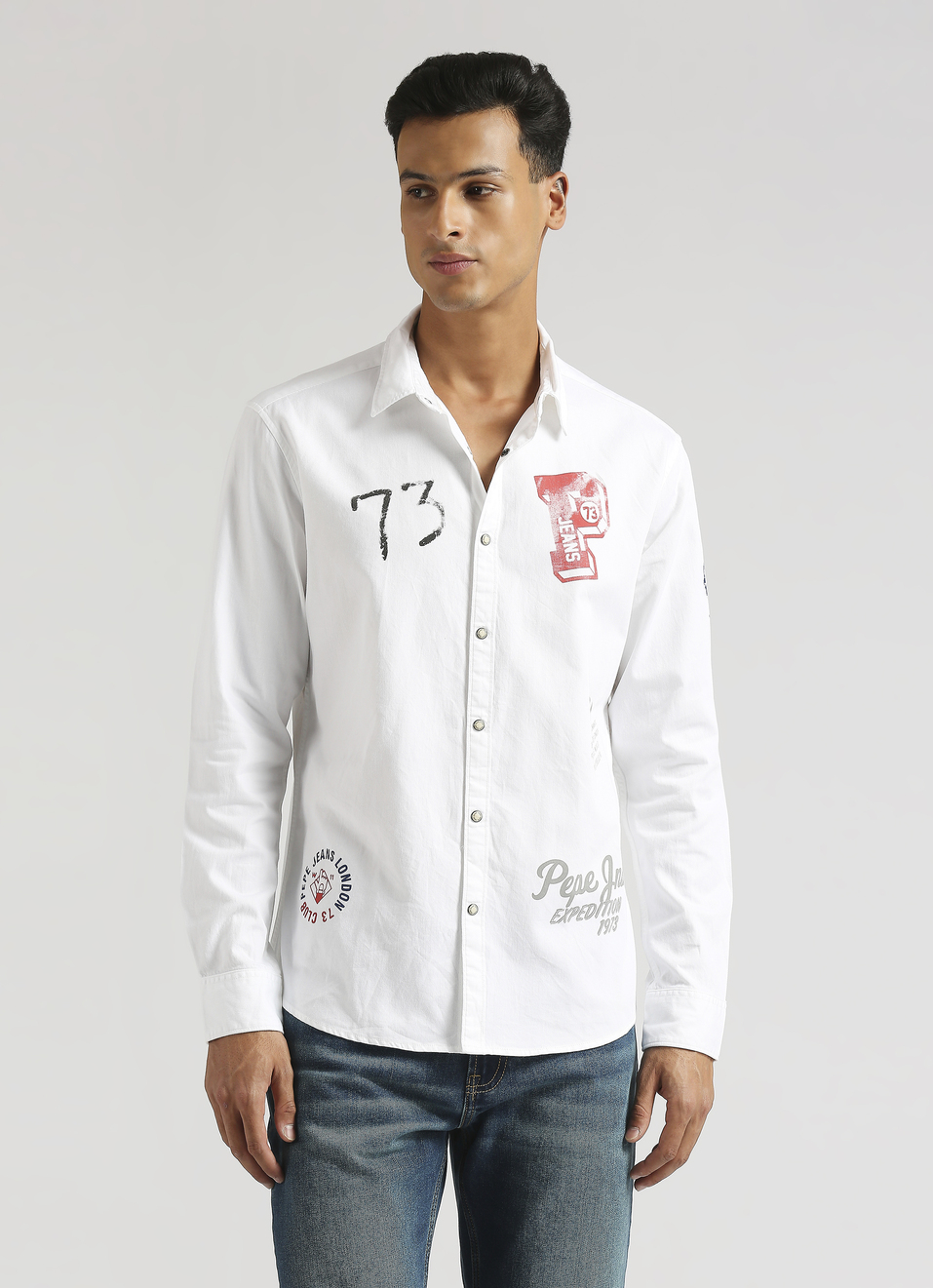 White Brand Print Ecru Snap Button Long Sleeve Shirt, , large image number 1