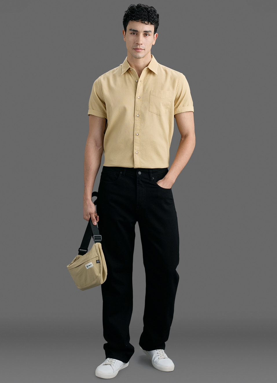 Men Beige Solid Dobby Short Sleeve Shirt, , large image number 2