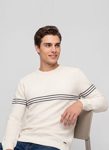 Men White Striped Full Sleeve Flat Knit Sweater