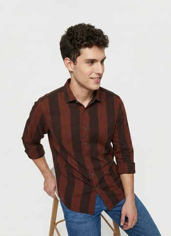 Men Wine Striped Brushed Long Sleeve Shirt