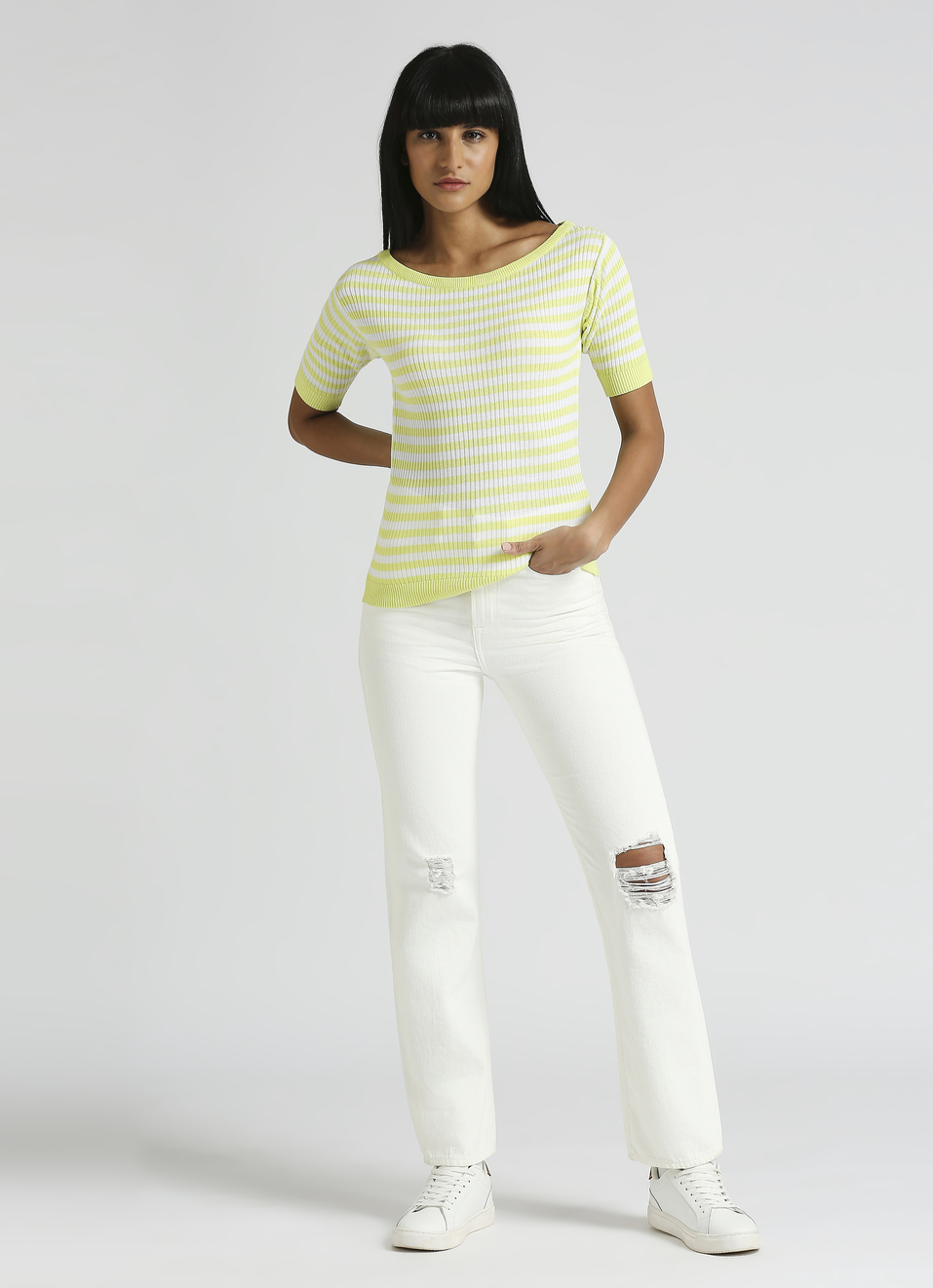 Lime Striper Self Design Ribbed Flat Knit Top, , large image number 5