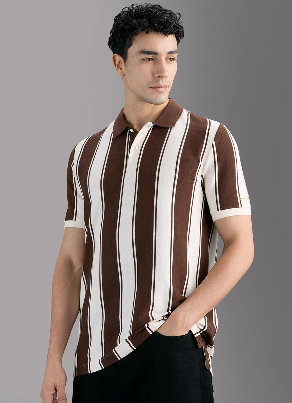 Men Brown Striped Polo T-shirt, , large image number 7