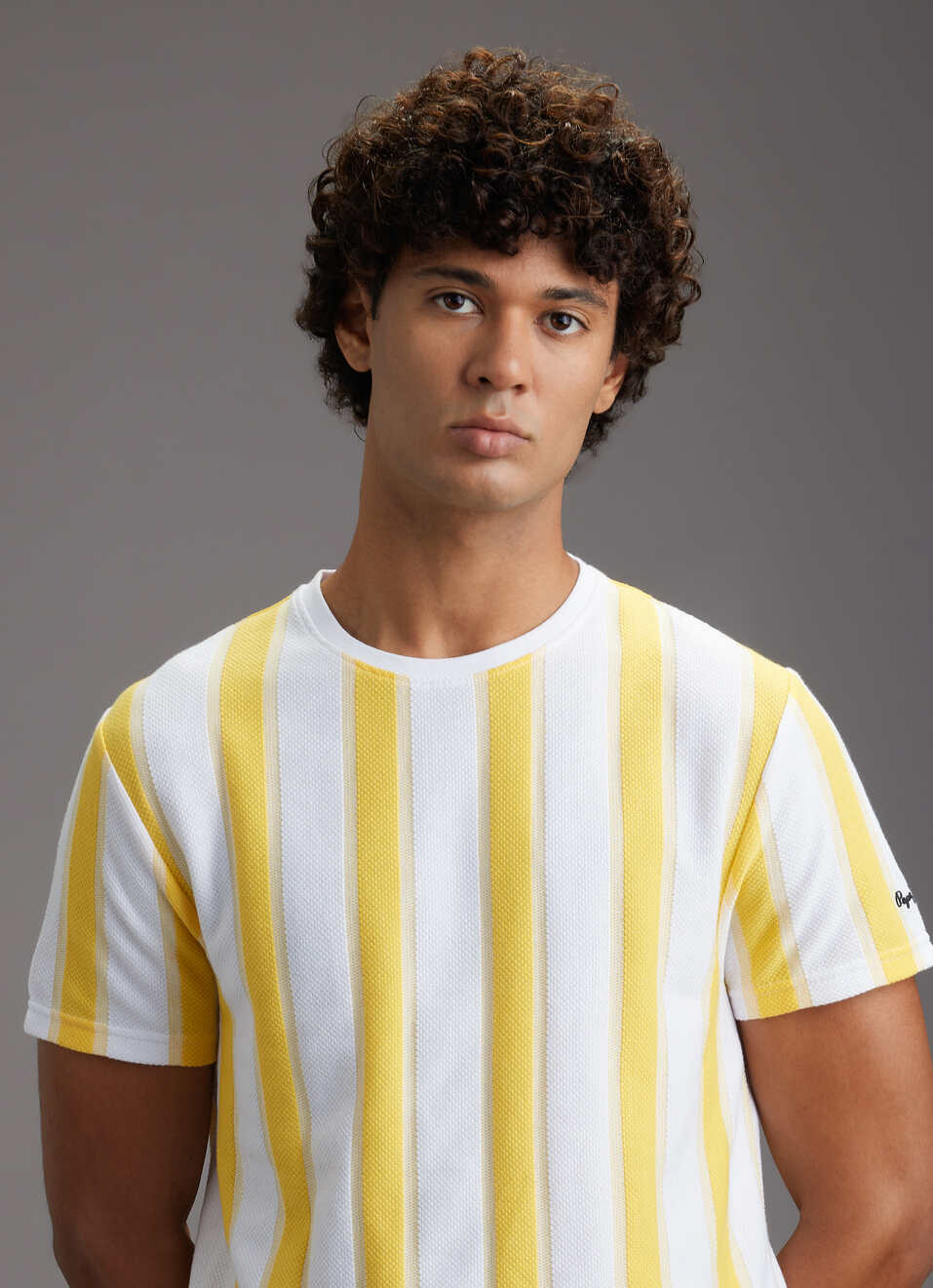 Men Yellow Vertical Stripe Slim Fit Short Sleeve T-shirt, , large image number 4