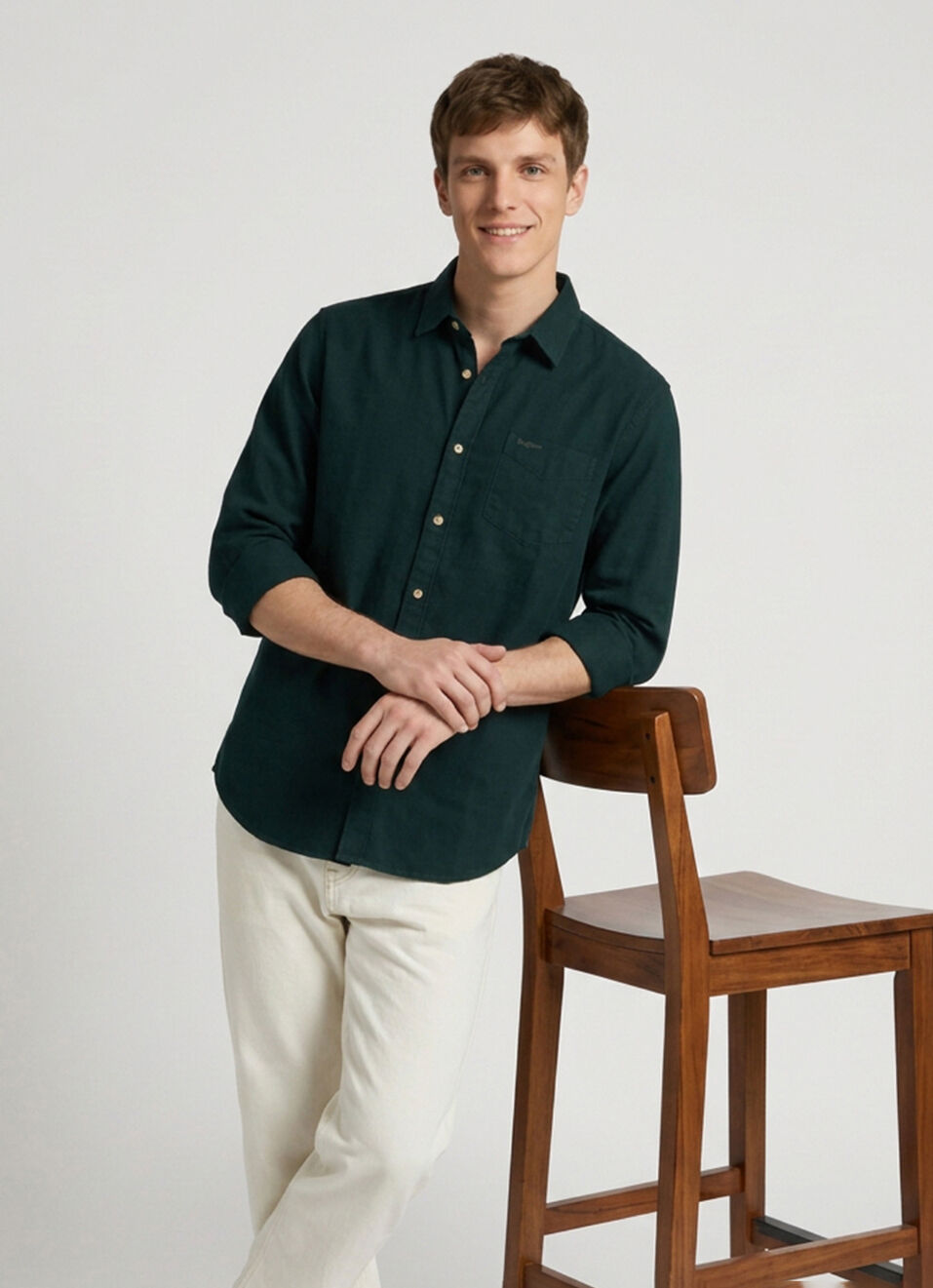 Men Dark Green Solid Oxford Long Sleeve Shirt, , large image number 0