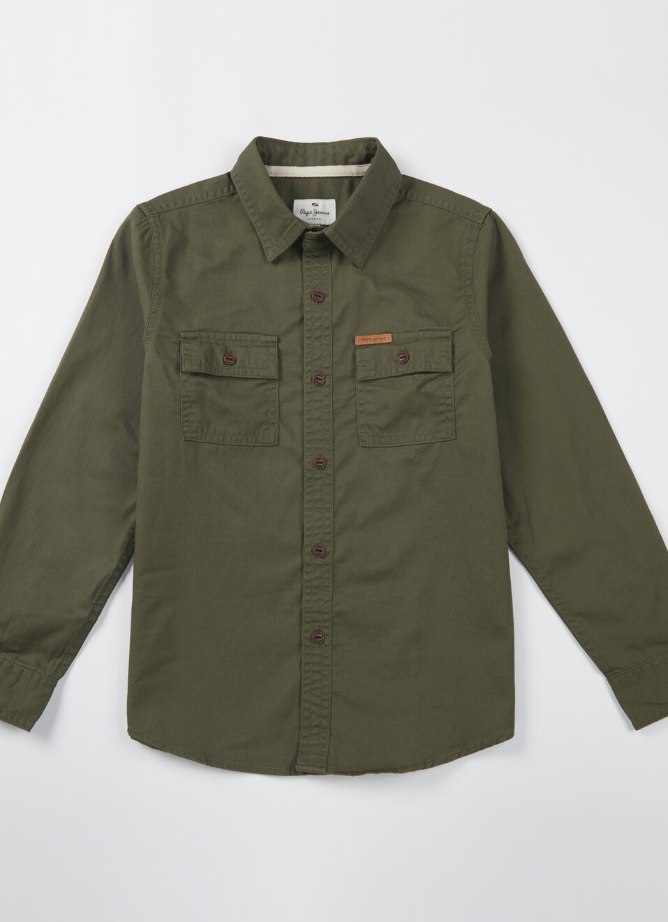 Boys Olive Double Pocket Full Sleeve Overdyed Shirt, , large image number 0