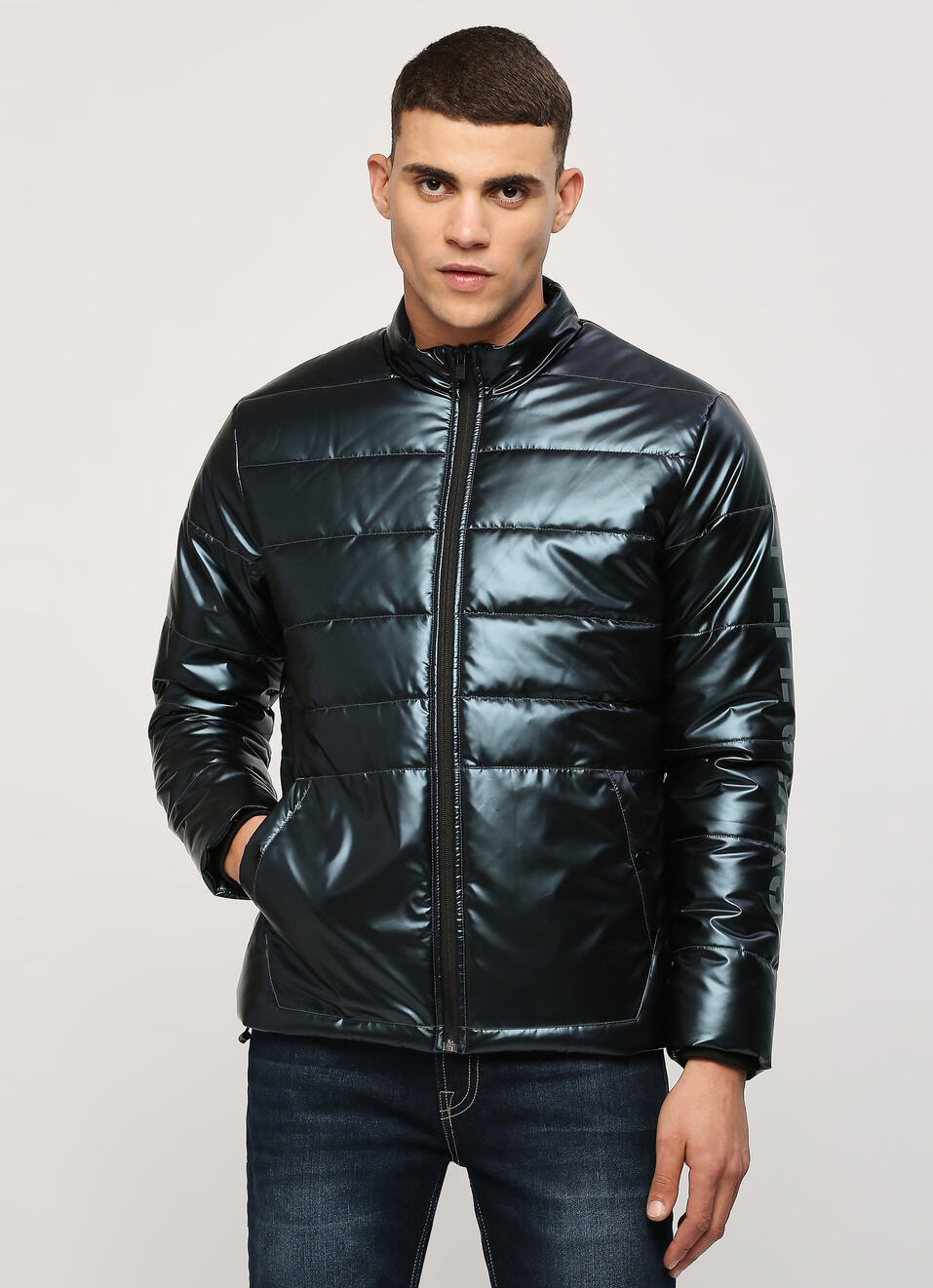 Navy Shiny Puffer Jacket, , large image number 1