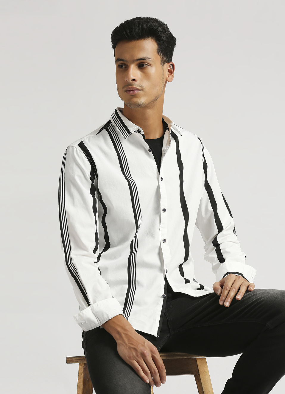White Narrow Stripes Twill Long Sleeve Shirt, , large image number 0