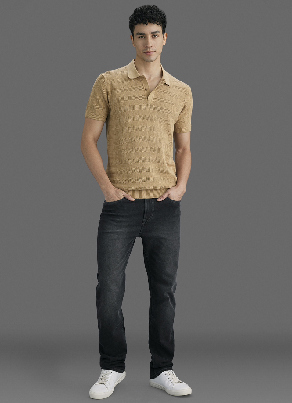 Men Beige Striped Flat Knit Polo Collar T-shirt, , large image number 2