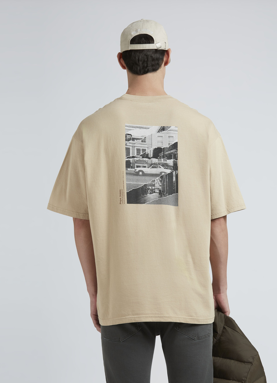 Beige Back Print Short-sleeve Oversized T-shirt, , large image number 0