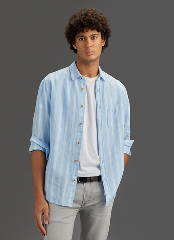Men Sky Blue Striped Regular Fit Cotton Linen Shirt