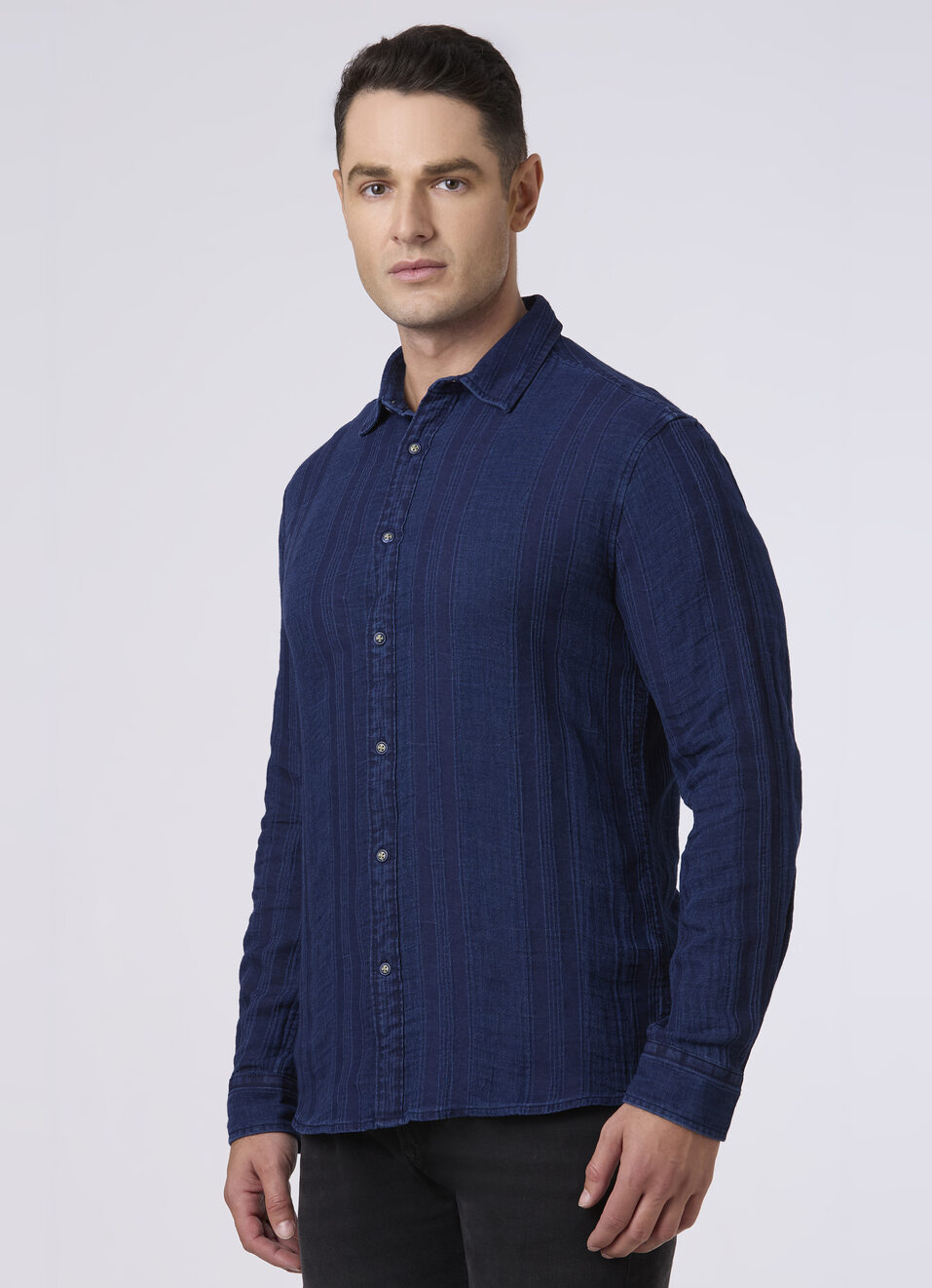 Men Indigo Blue Textured Stripe Casual Shirt, , large image number 3
