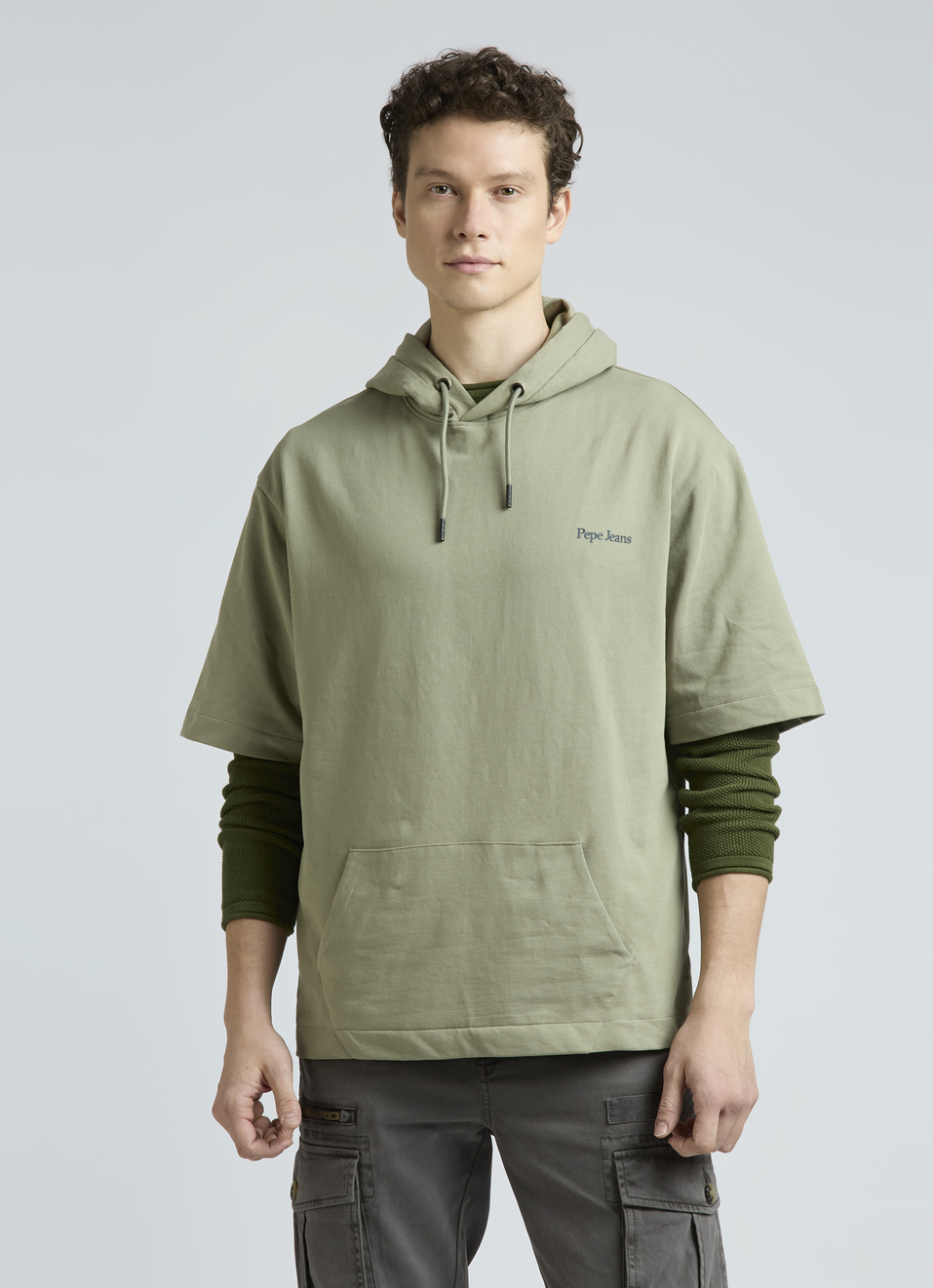 Green Short Sleeve Oversized Hooded Sweatshirt, , large image number 0