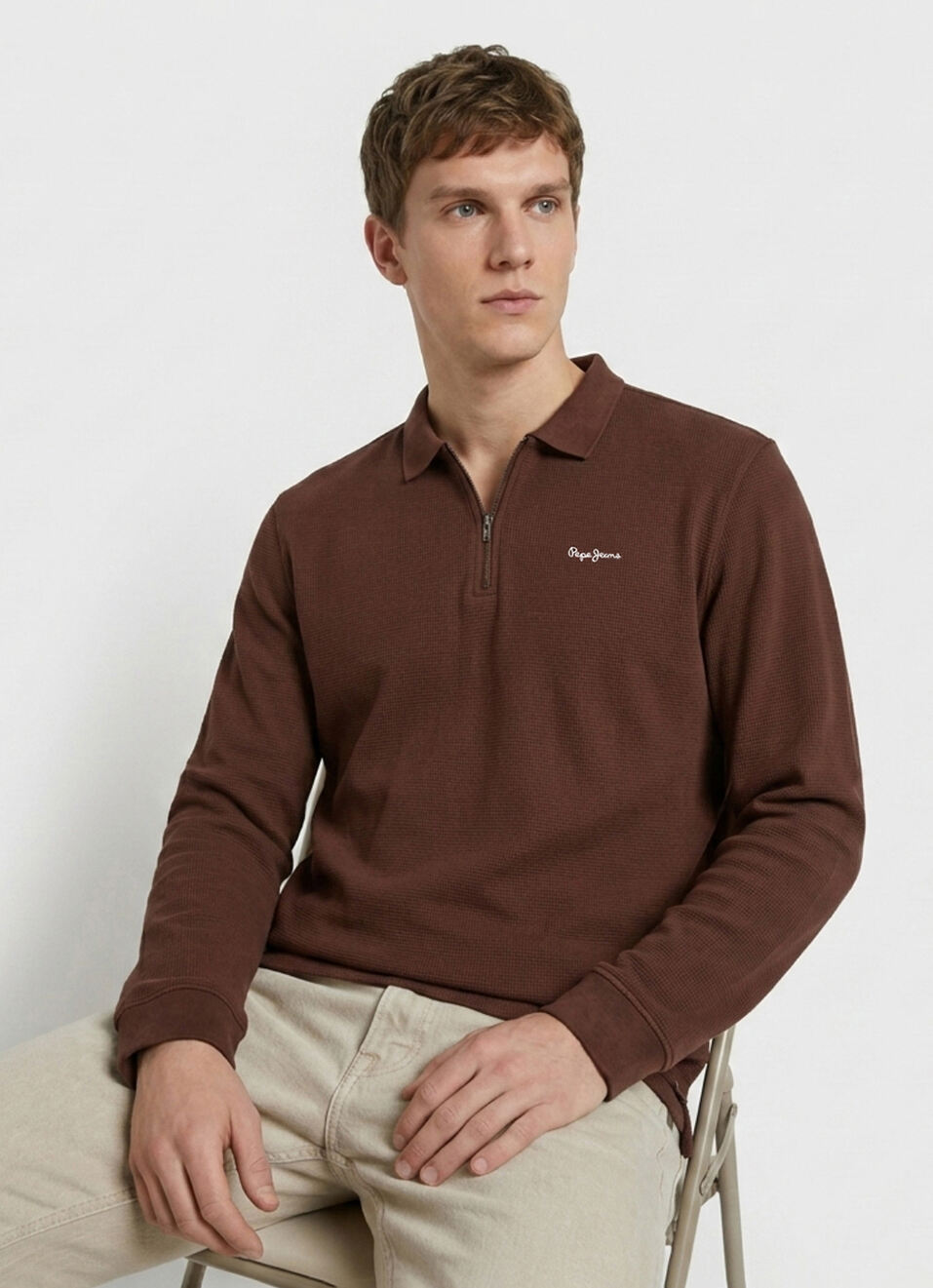 Men Brown Solid Polo Collar T-shirt, , large image number 0