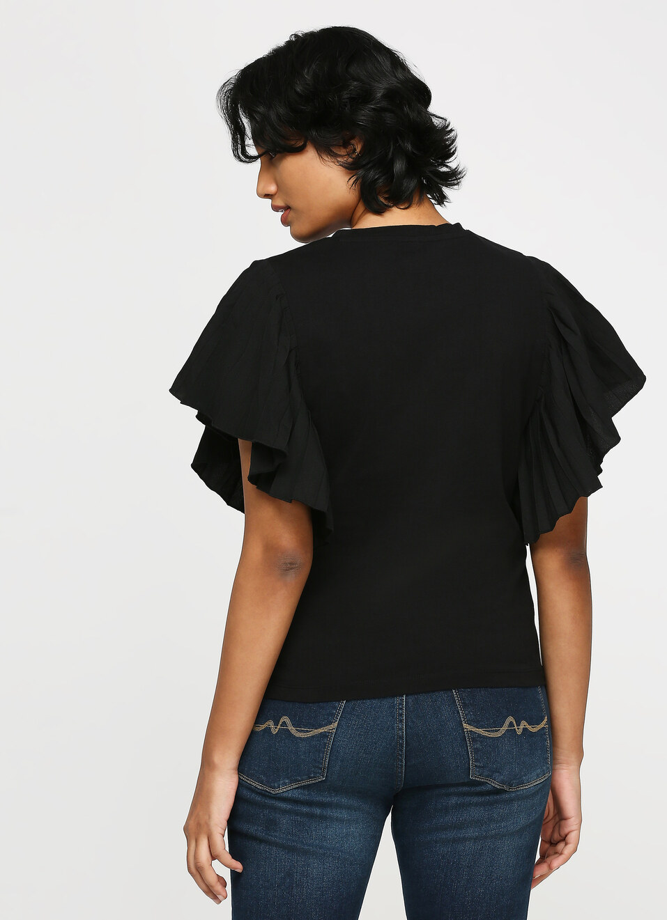 Black Round Neck Short Sleeve T-shirt, , large image number 2