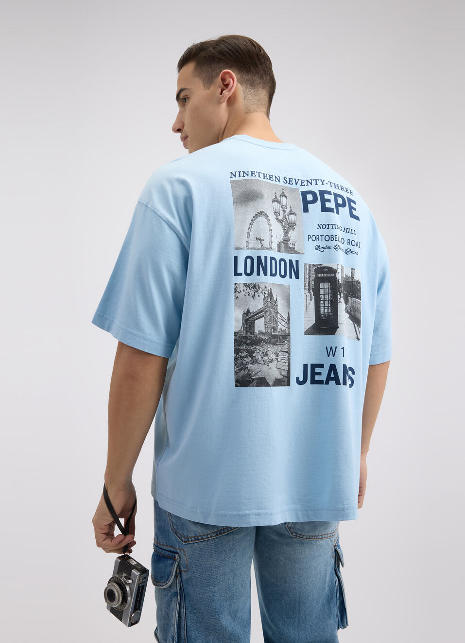 Men Blue Back Print Short Sleeve Oversized T-shirt, , large image number 0