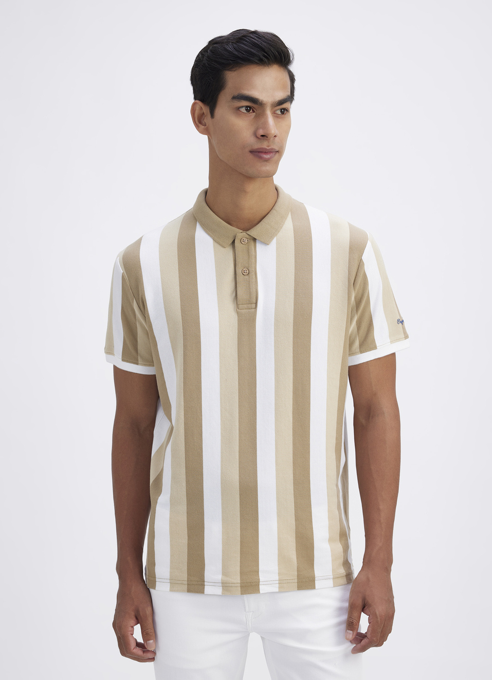 Men Beige All Over Stripe Short Sleeve Polo, , large image number 1